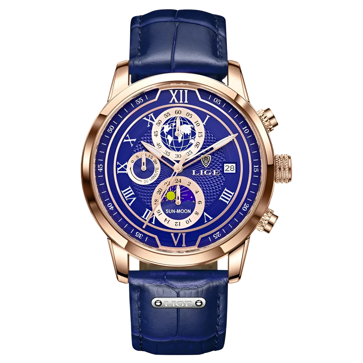 Lige men rose gold chronograph leather watch with blue strap, roman numerals, sun-moon phase, world map, and date window