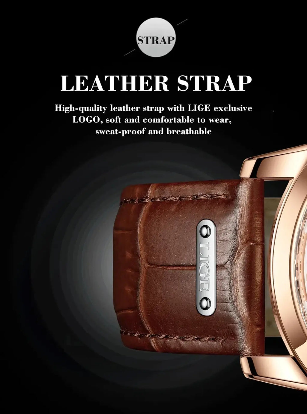 Brown crocodile-patterned leather strap with silver Lige logo plate for Lige men rose gold chronograph watch