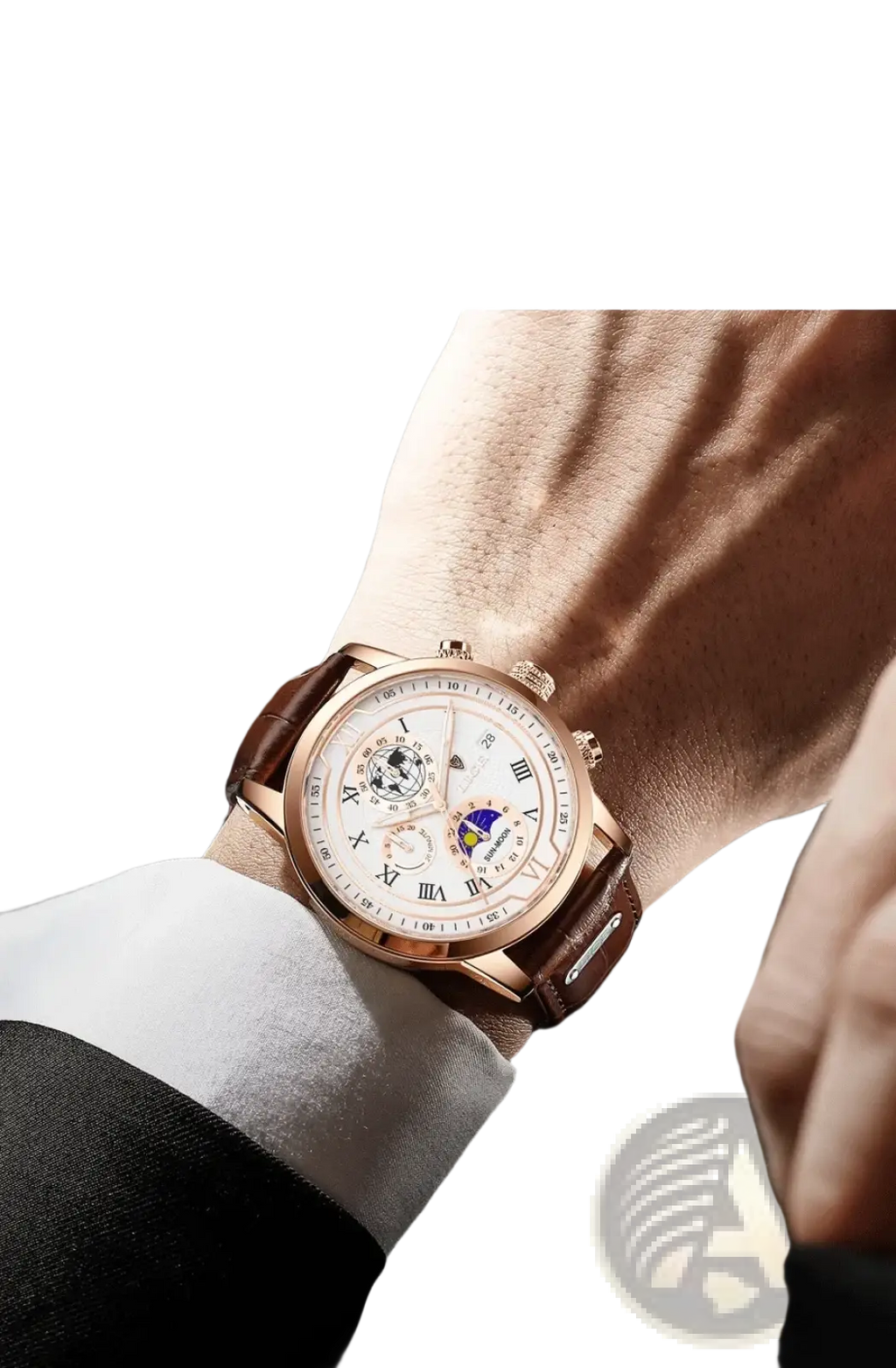 Lige men rose gold chronograph leather watch with white dial brown leather strap and moon phase display