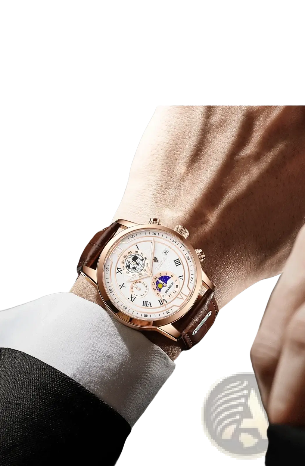 Lige men rose gold chronograph leather watch with white dial brown leather strap and moon phase display