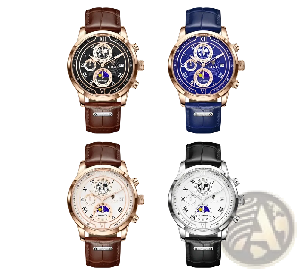 Four lige men rose gold chronograph leather watches with roman numeral dials in black blue white and silver finishes