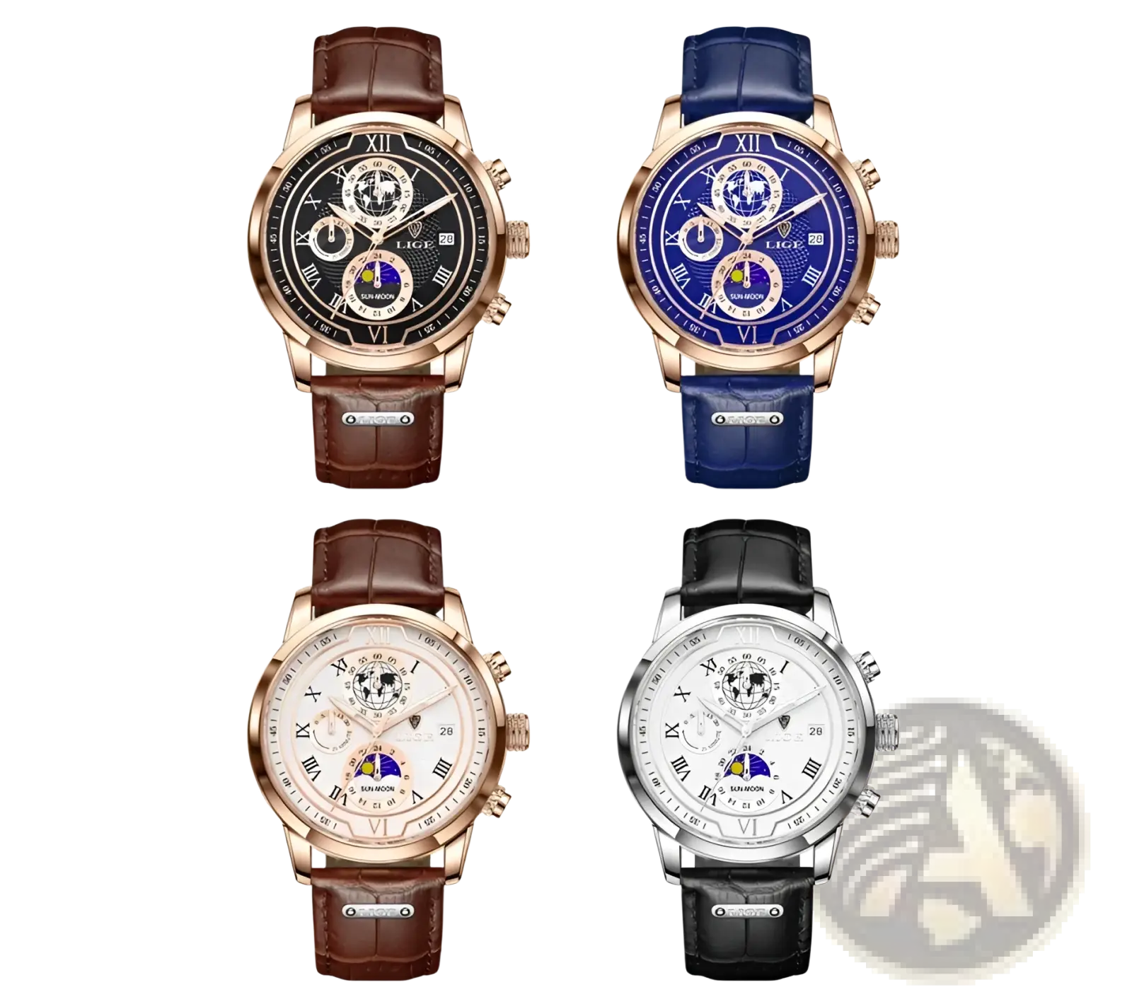 Four lige men rose gold chronograph leather watches with roman numeral dials in black blue white and silver finishes