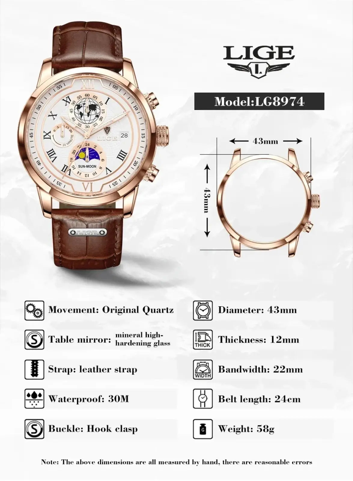Lige men rose gold chronograph leather watch with white dial roman numerals moon phase and brown strap