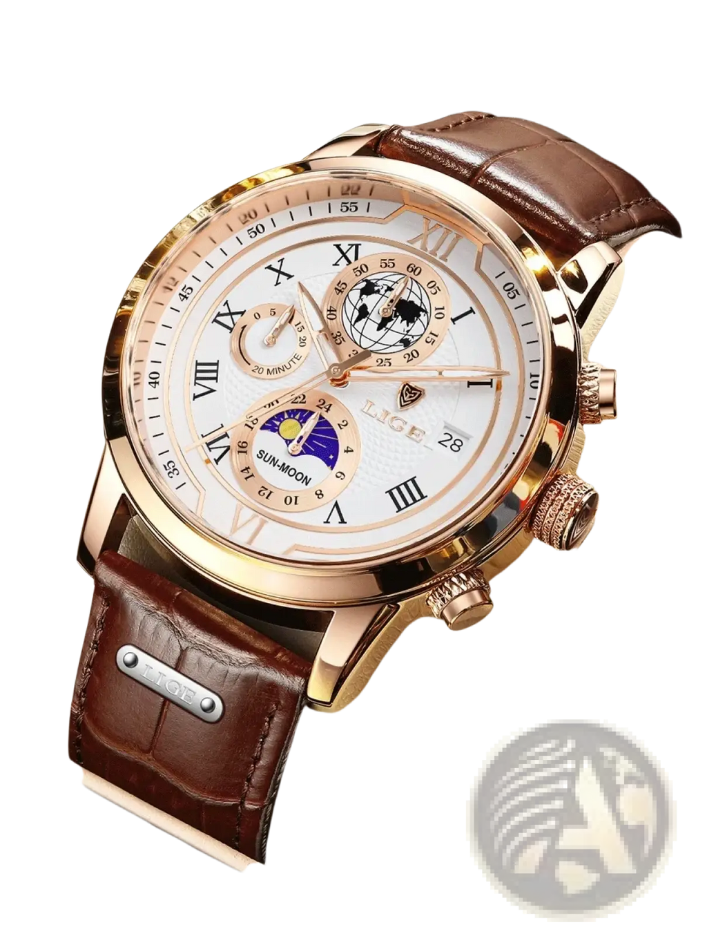 Lige men rose gold chronograph leather watch with white dial, roman numerals, sun moon phases, world time, brown strap