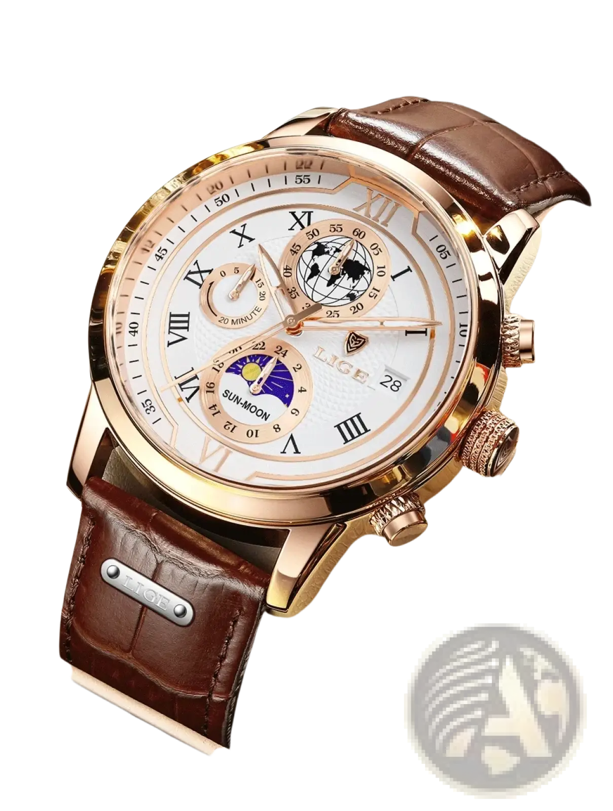 Lige men rose gold chronograph leather watch with white dial, roman numerals, sun moon phases, world time, brown strap