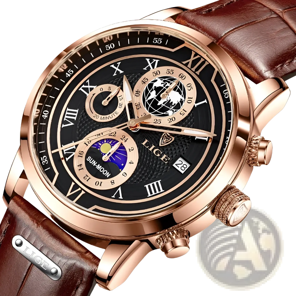 Lige men rose gold chronograph watch with black dial roman numerals sun-moon phase world time brown leather strap