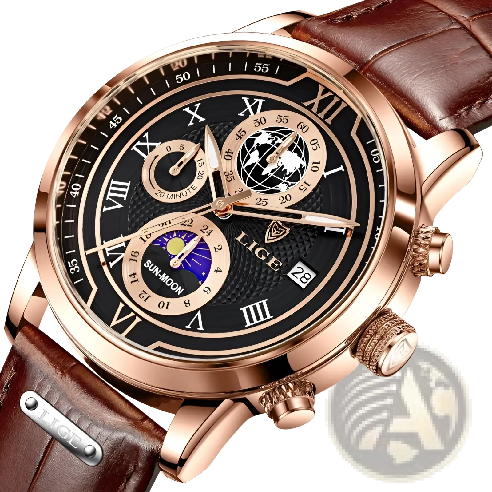 Lige men rose gold chronograph watch with black dial roman numerals sun-moon phase world time brown leather strap