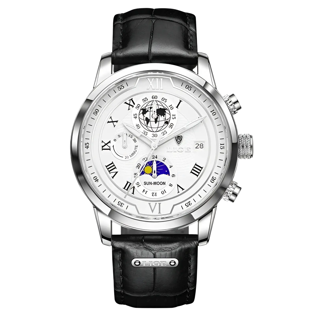 Lige men rose gold chronograph leather watch with silver-toned white dial and black crocodile-pattern strap featuring subdials