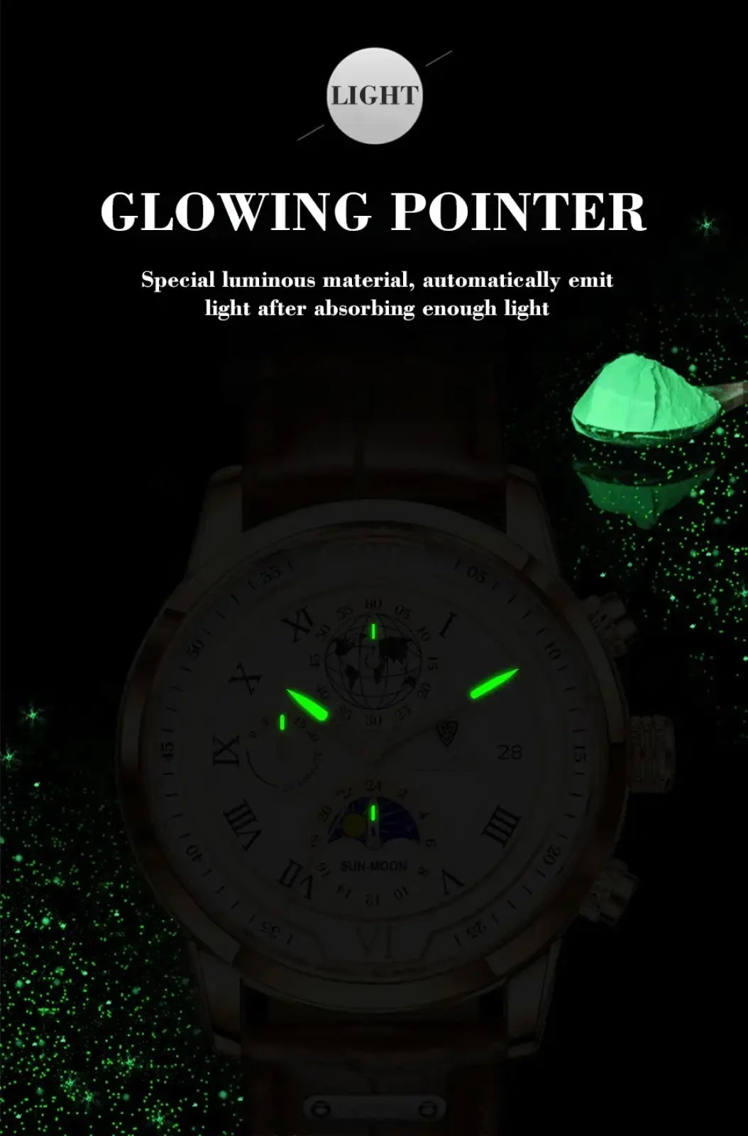 Lige men rose gold chronograph leather watch with sleek white face green glowing hands and roman numerals
