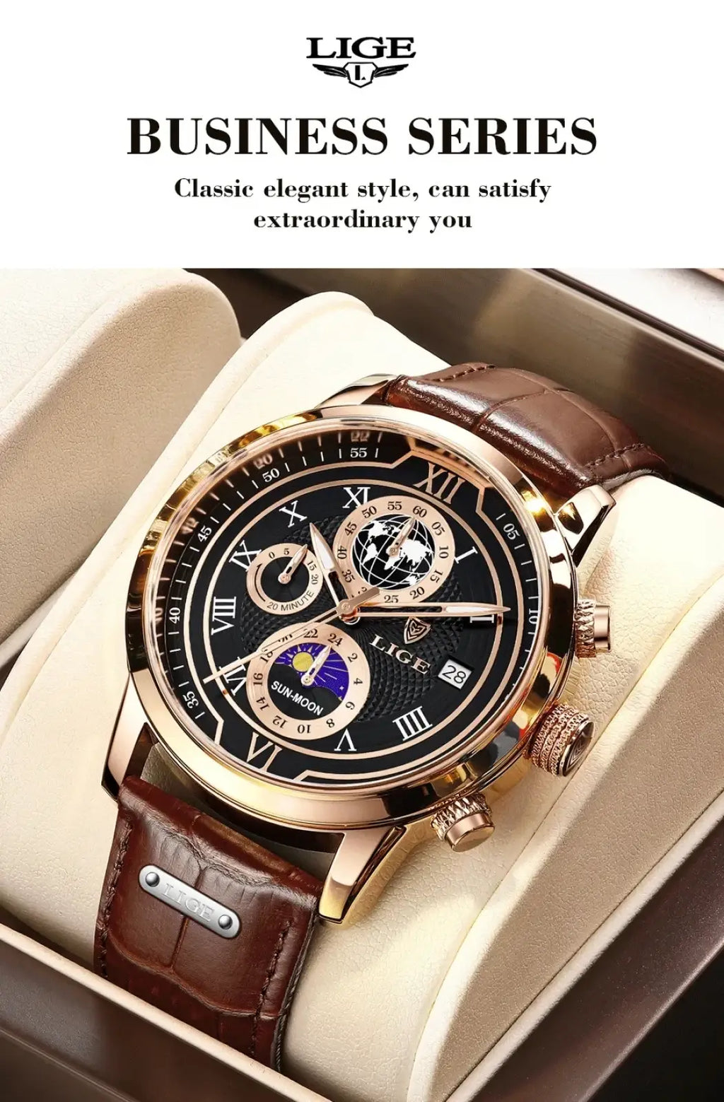 A lige men rose gold chronograph leather watch with a black roman numeral dial and moon phase display