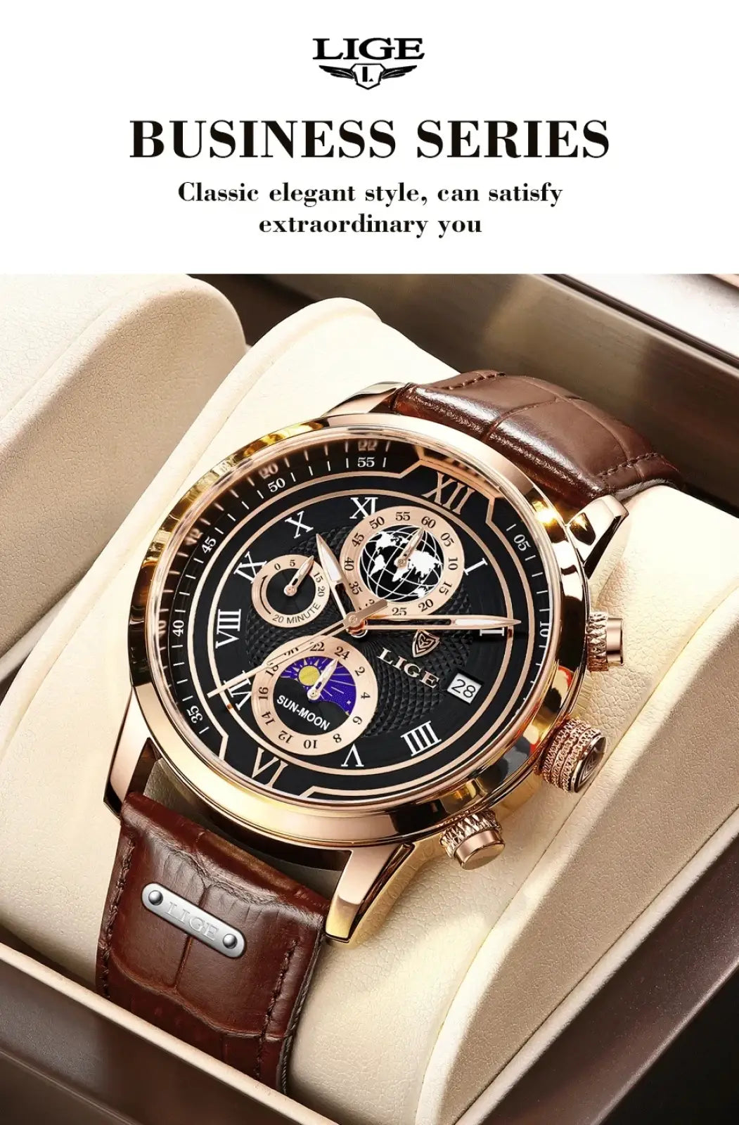 A lige men rose gold chronograph leather watch with a black roman numeral dial and moon phase display