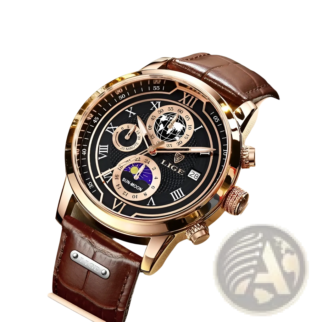 Lige men rose gold chronograph leather watch with black dial roman numerals moon phase and brown leather strap