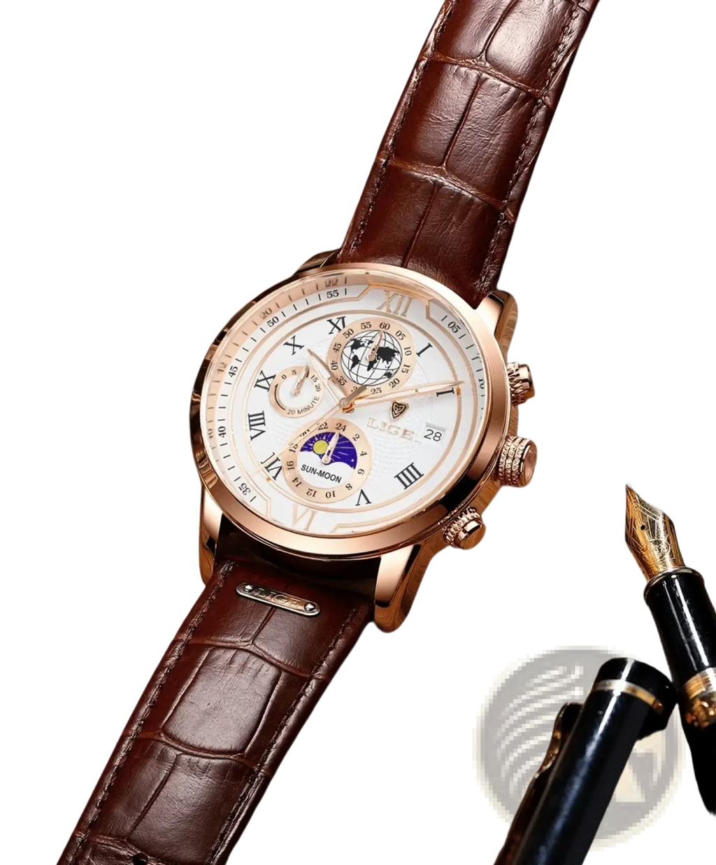 Lige men rose gold chronograph leather watch with white dial roman numerals moon phase and brown alligator straps