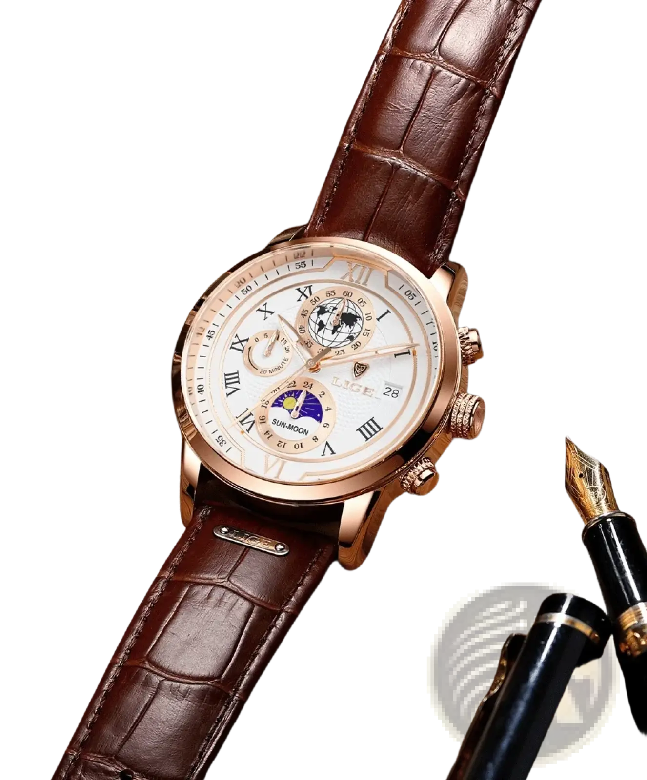 Lige men rose gold chronograph leather watch with white dial roman numerals moon phase and brown alligator straps