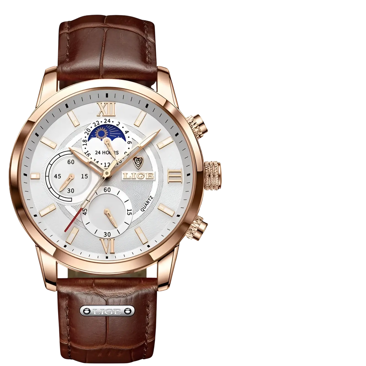 Lige men rose gold chronograph leather watch with silver dial brown crocodile pattern strap and moon phase display