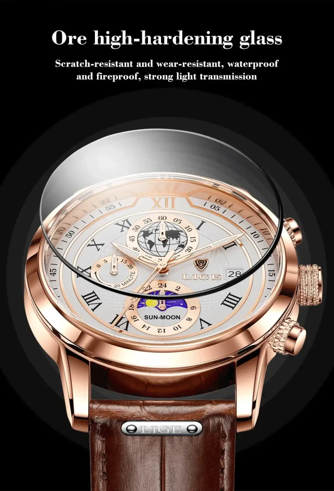 Lige men rose gold chronograph leather watch with white dial roman numerals sun moon phase and brown strap