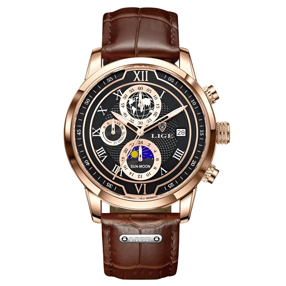 Lige men rose gold chronograph leather watch with black dial, roman numerals, moon phase, world time, and brown crocodile strap