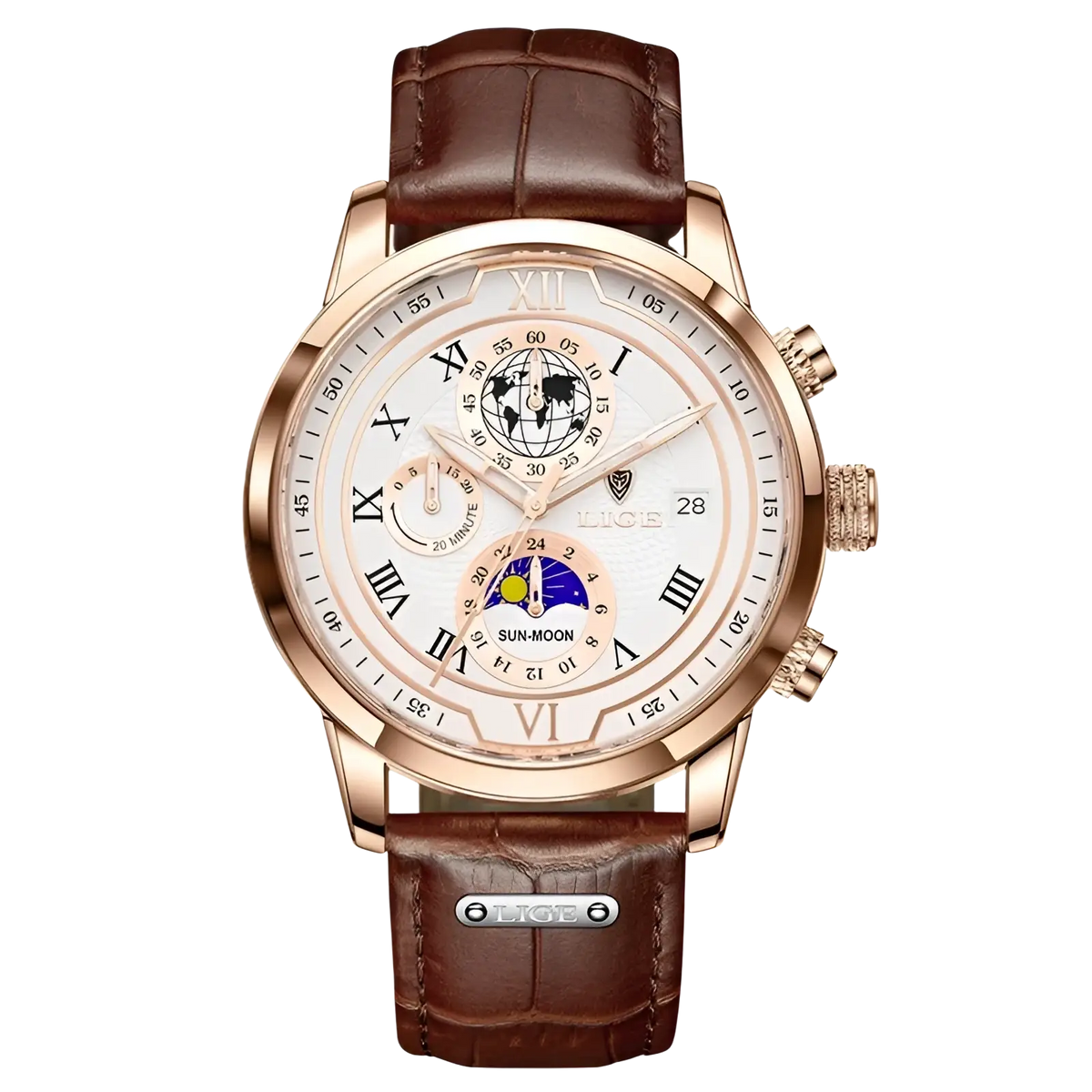 Lige men rose gold chronograph leather watch with white dial roman numerals world time and sun moon phase indicator