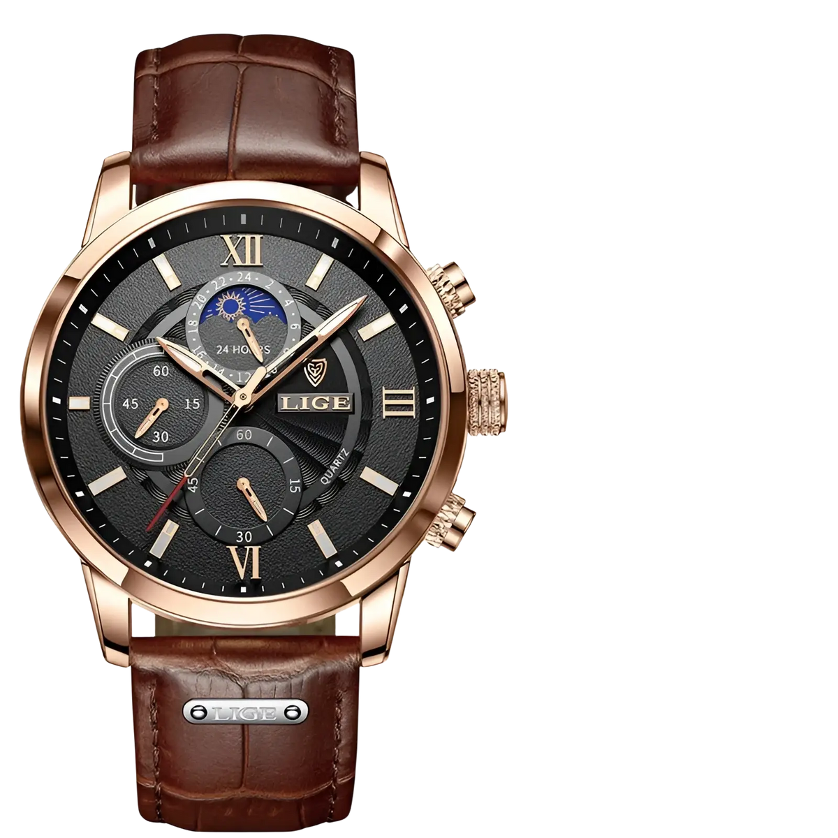 Lige men rose gold chronograph watch with black dial roman numerals and brown alligator-embossed leather strap