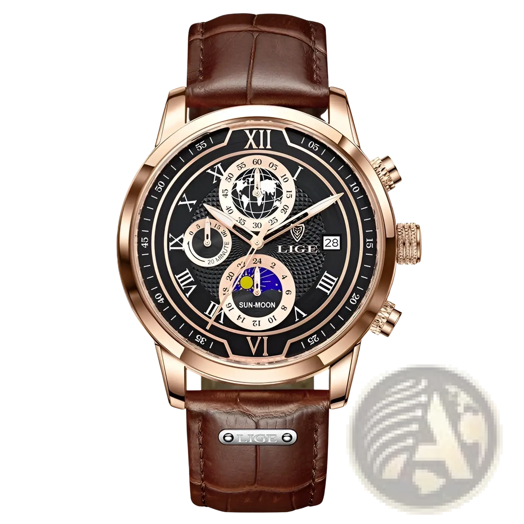 Lige men rose gold chronograph watch with black roman numeral dial moon phase world time and brown leather strap