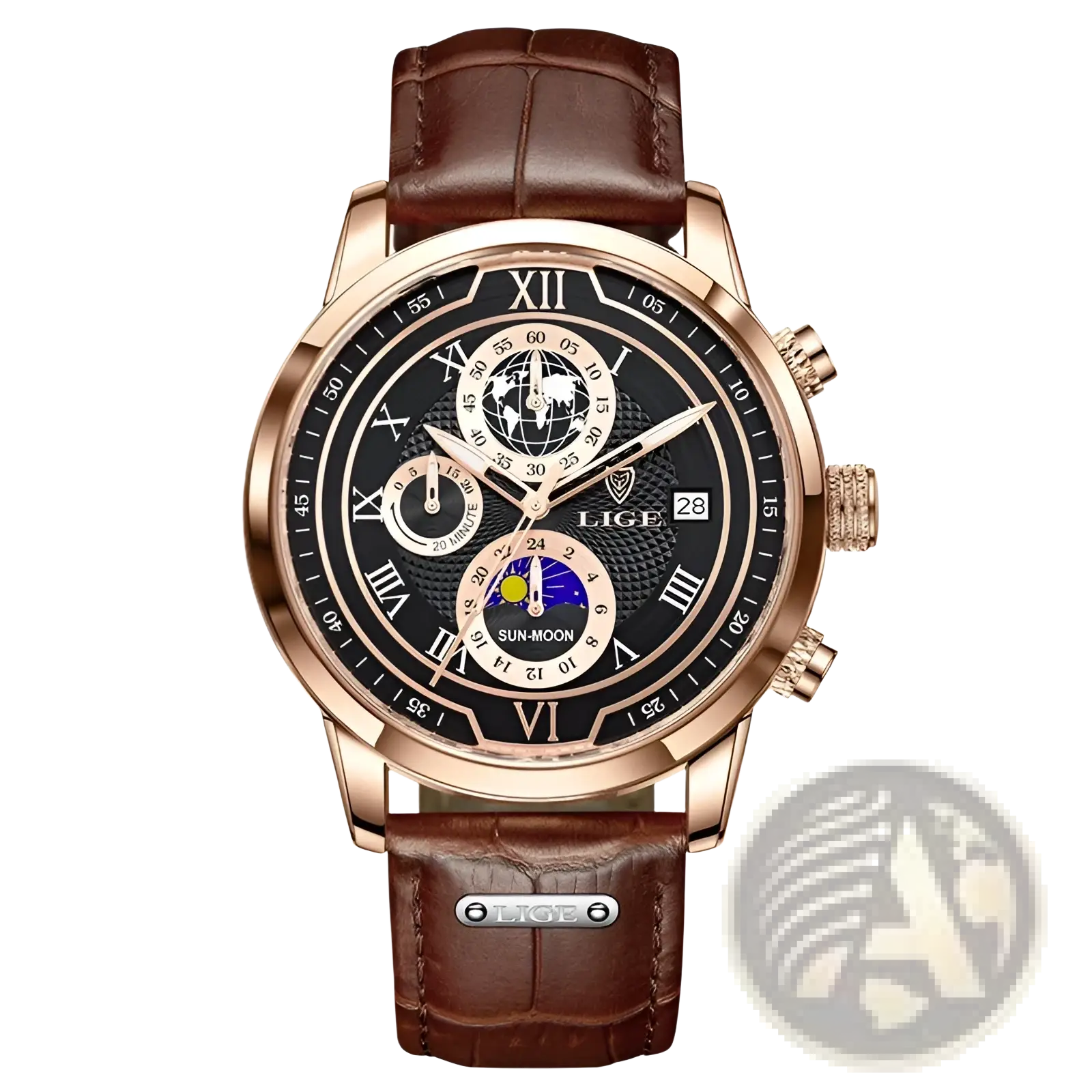 Lige men rose gold chronograph watch with black roman numeral dial moon phase world time and brown leather strap