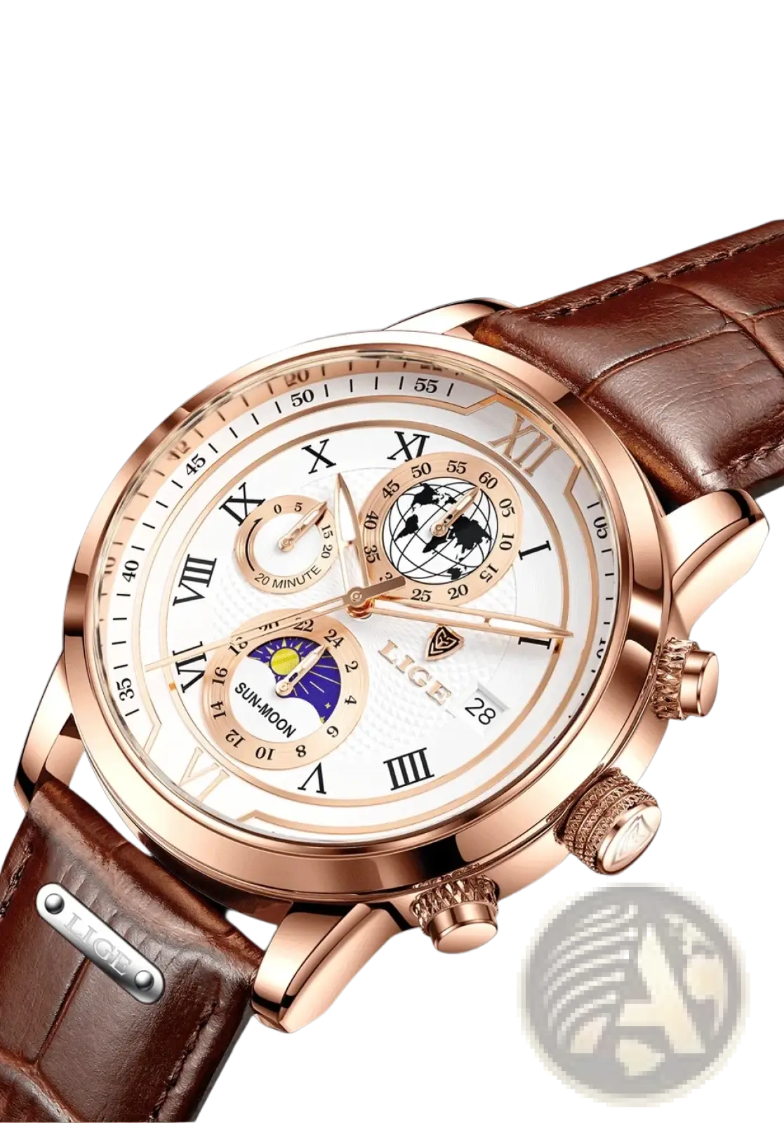 Lige men rose gold chronograph leather watch with white dial, roman numerals, sun moon subdial, brown strap, date display