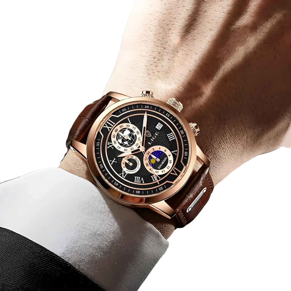 Lige men rose gold chronograph leather watch with black dial roman numerals and brown leather strap