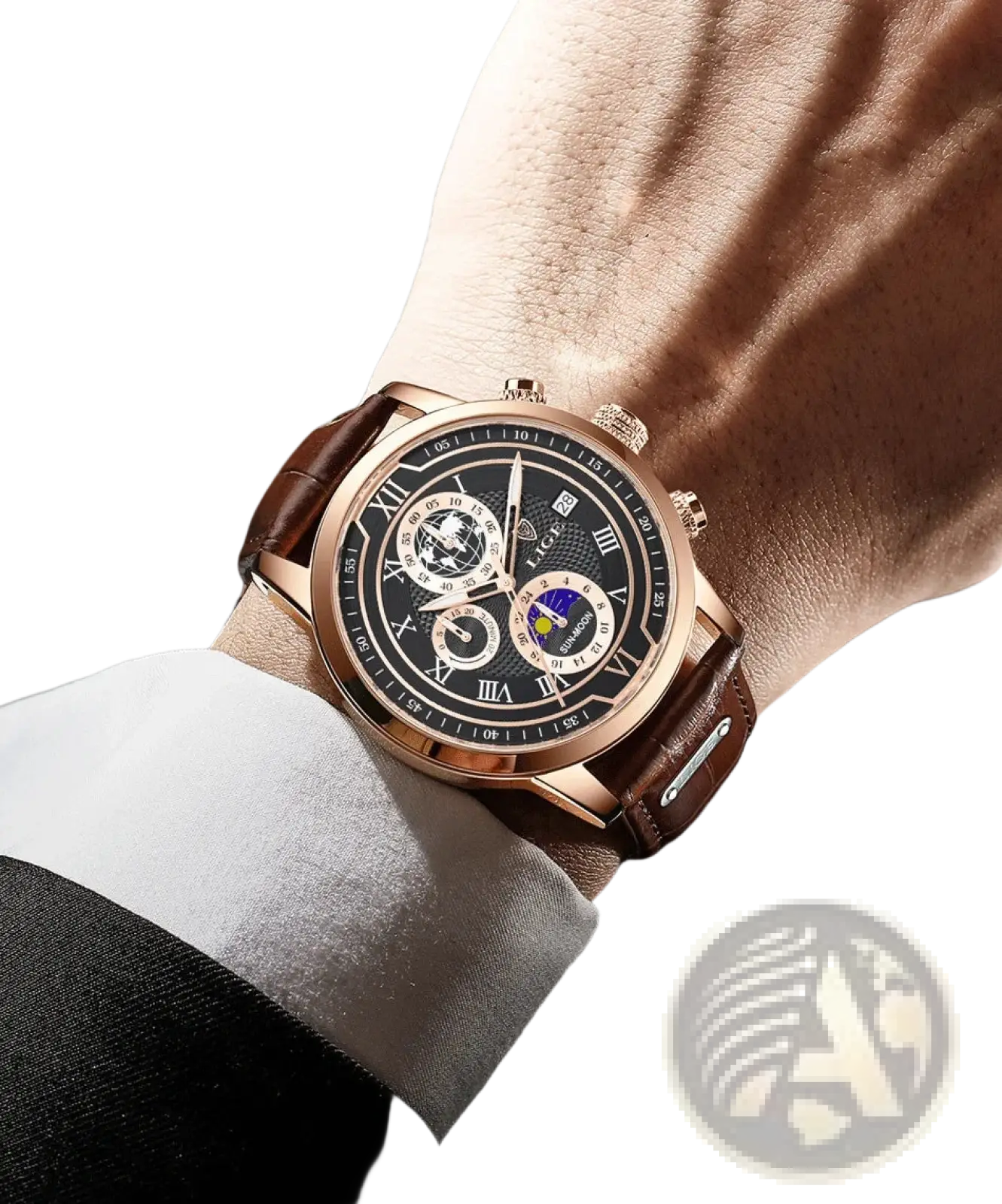 Lige men rose gold chronograph leather watch with black dial roman numerals moon phase and brown strap