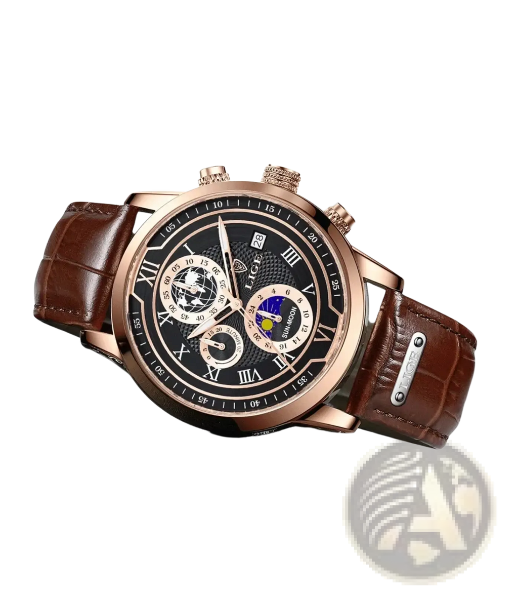 Lige men rose gold chronograph leather watch with black dial roman numerals and brown leather strap