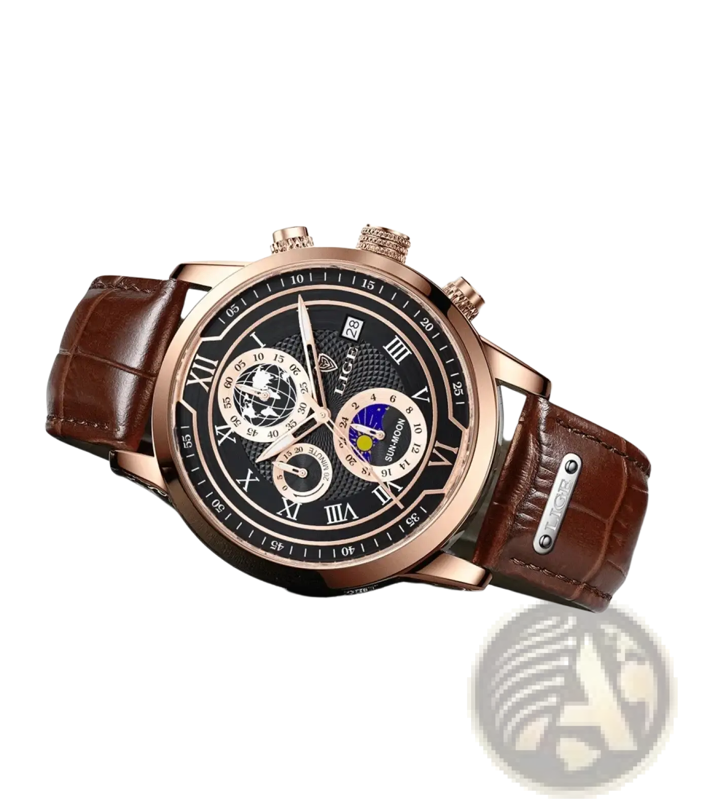 Lige men rose gold chronograph leather watch with black dial roman numerals and brown leather strap