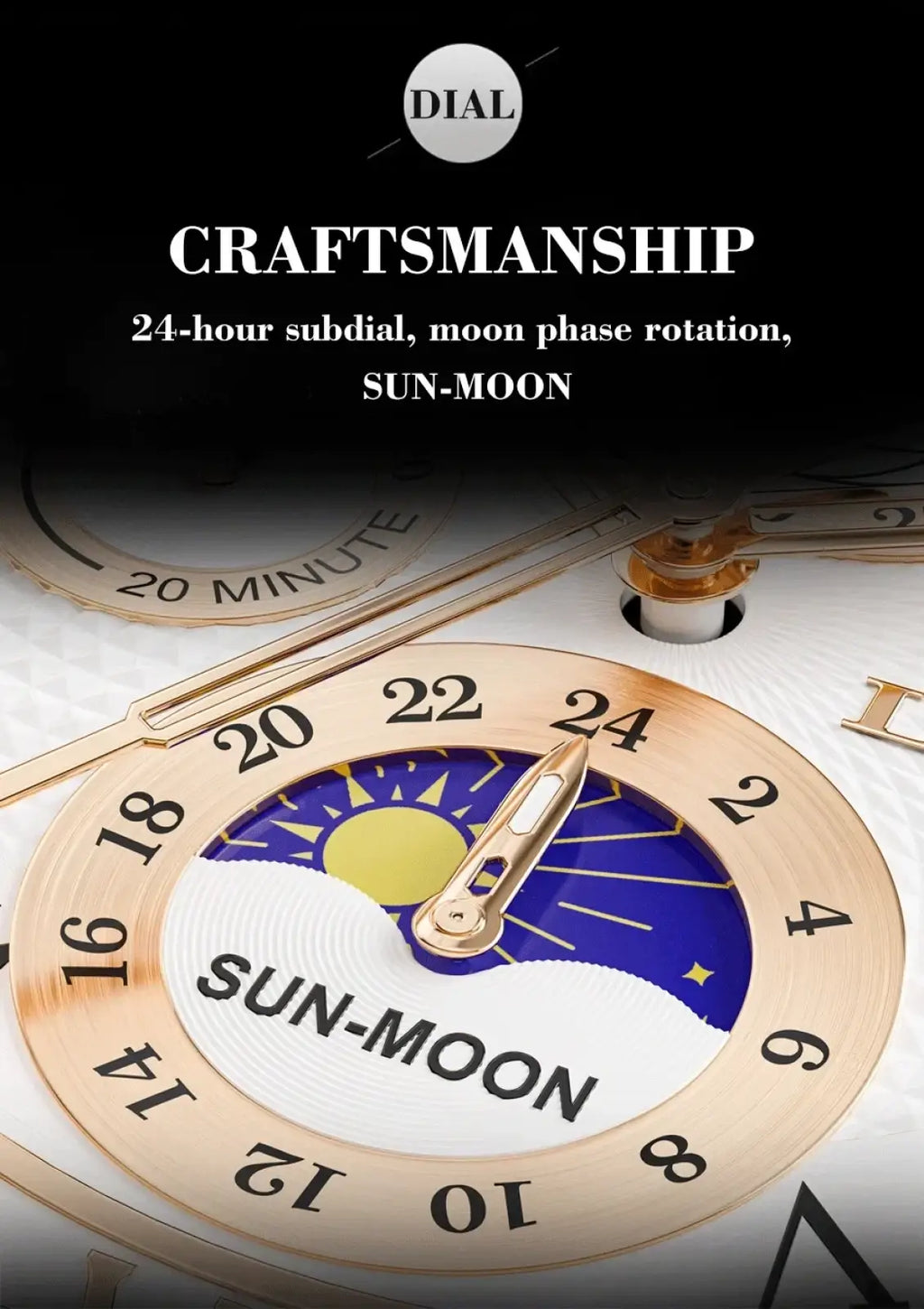 Lige men rose gold chronograph leather watch with gold-toned dial featuring sun and moon design with blue white yellow accents