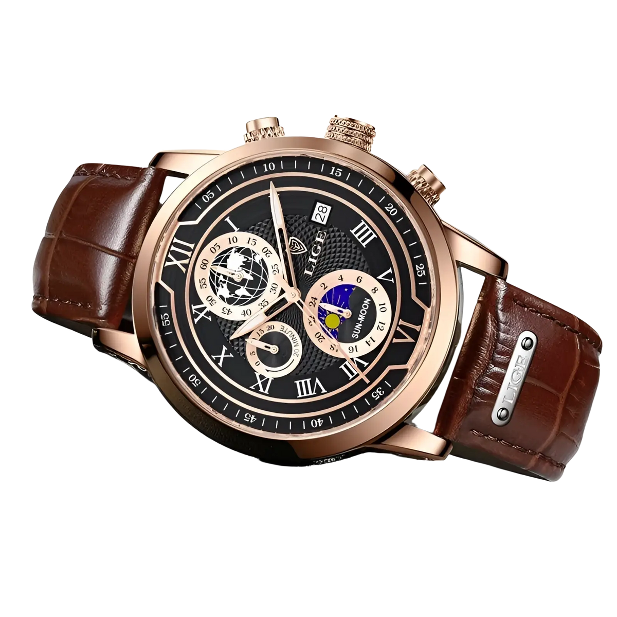 Lige men rose gold chronograph watch with black dial roman numerals and brown crocodile pattern leather strap
