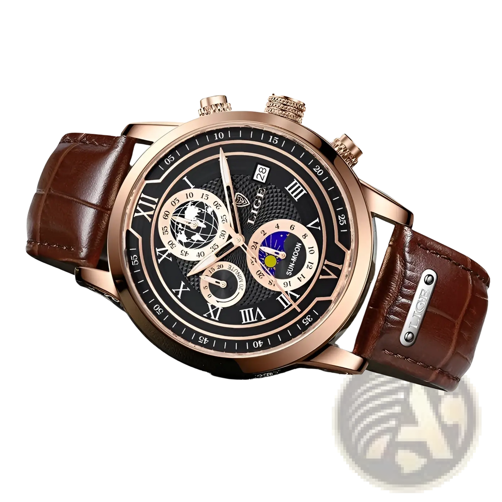 Lige men rose gold chronograph watch with black dial roman numerals and brown crocodile pattern leather strap