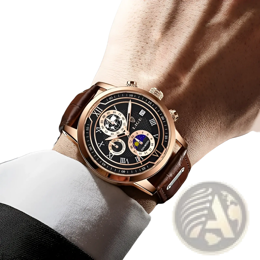 Lige men rose gold chronograph leather watch with black dial roman numerals and brown leather strap