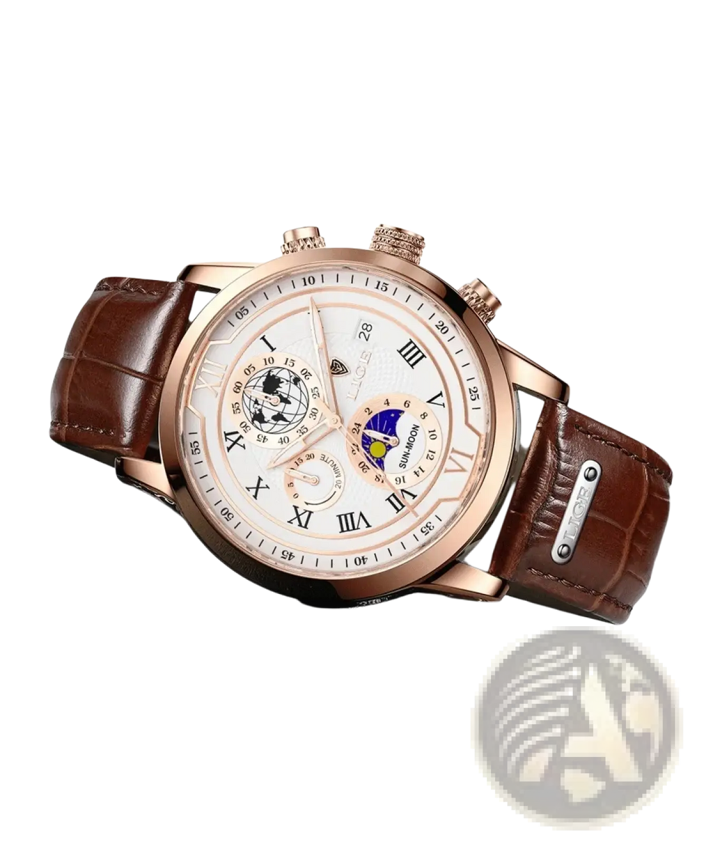 Lige men rose gold chronograph watch with white dial roman numerals moon phase and brown crocodile leather strap