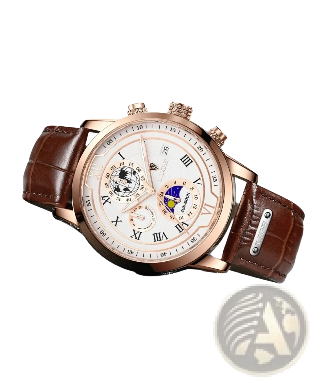 Lige men rose gold chronograph watch with white dial roman numerals moon phase and brown crocodile leather strap