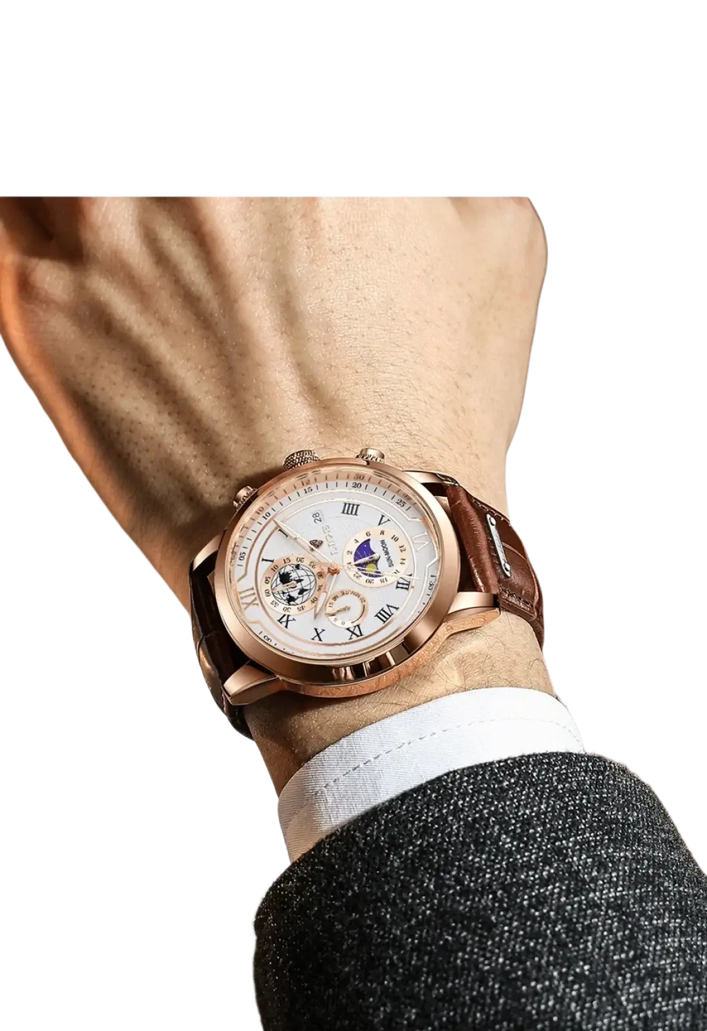 Lige men rose gold chronograph leather watch with white dial roman numerals moon phase and brown leather strap