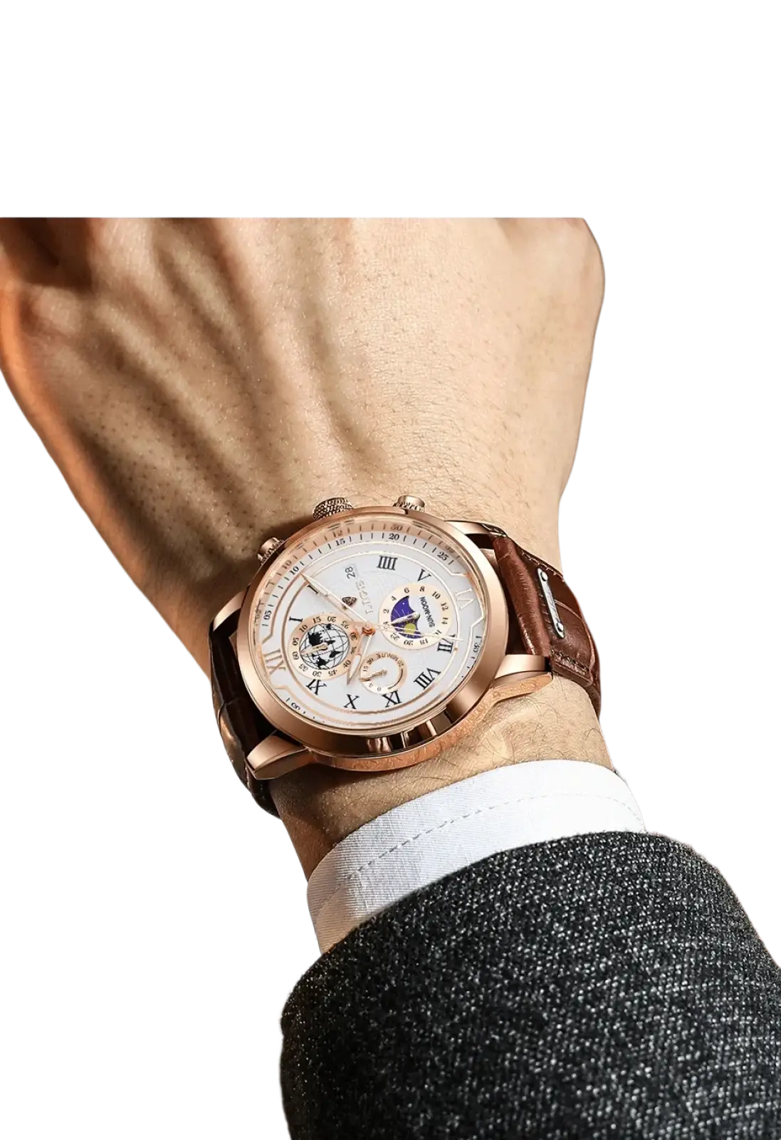 Lige men rose gold chronograph leather watch with white dial roman numerals moon phase and brown leather strap