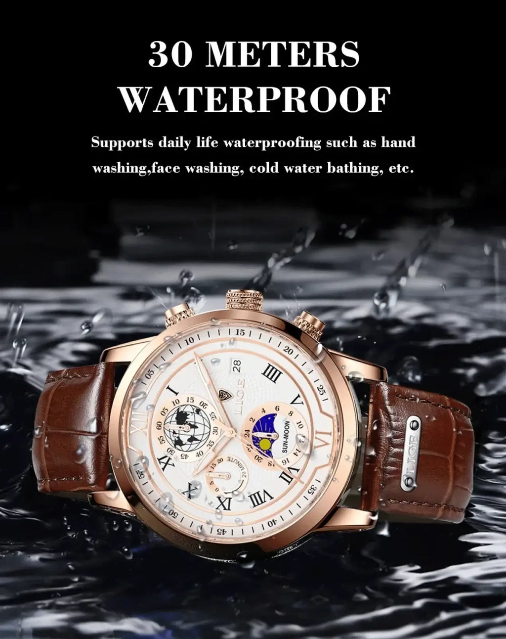 Lige men rose gold chronograph watch with white dial roman numerals moon phase and brown leather strap
