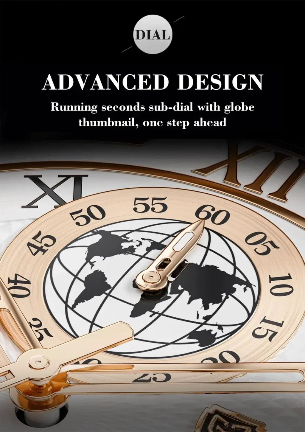 Lige men rose gold chronograph leather watch with gold-toned world map dial and roman numeral markers