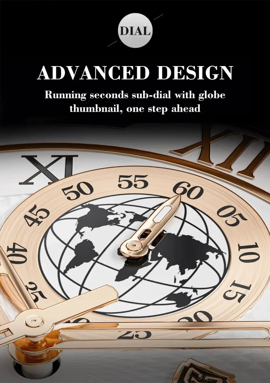 Lige men rose gold chronograph leather watch with gold-toned world map dial and roman numeral markers