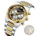 Lige men’s gold chronograph watch with black dial gold bezel accents and silver stainless steel two-tone bracelet