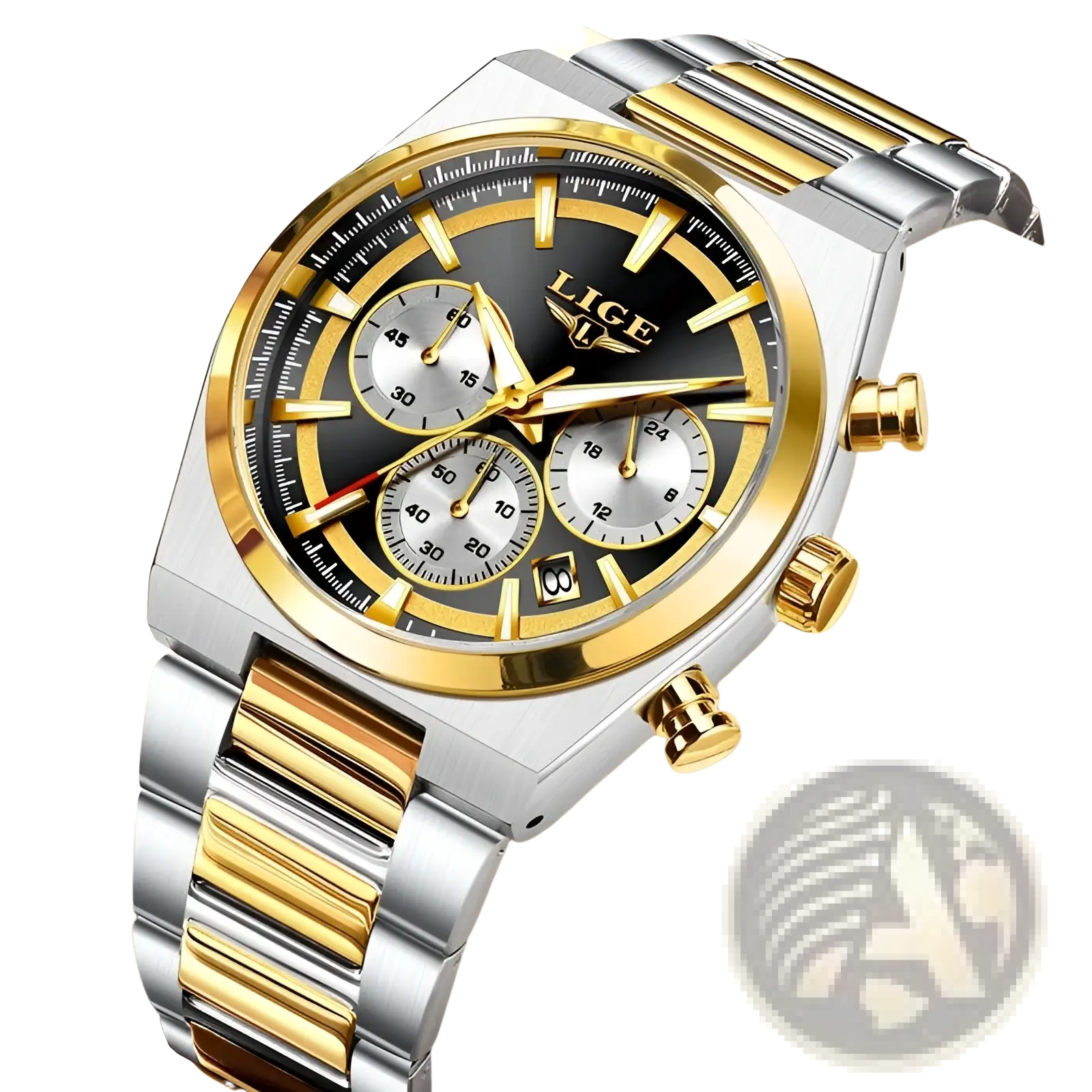 Lige men’s gold chronograph watch with black dial gold bezel accents and silver stainless steel two-tone bracelet