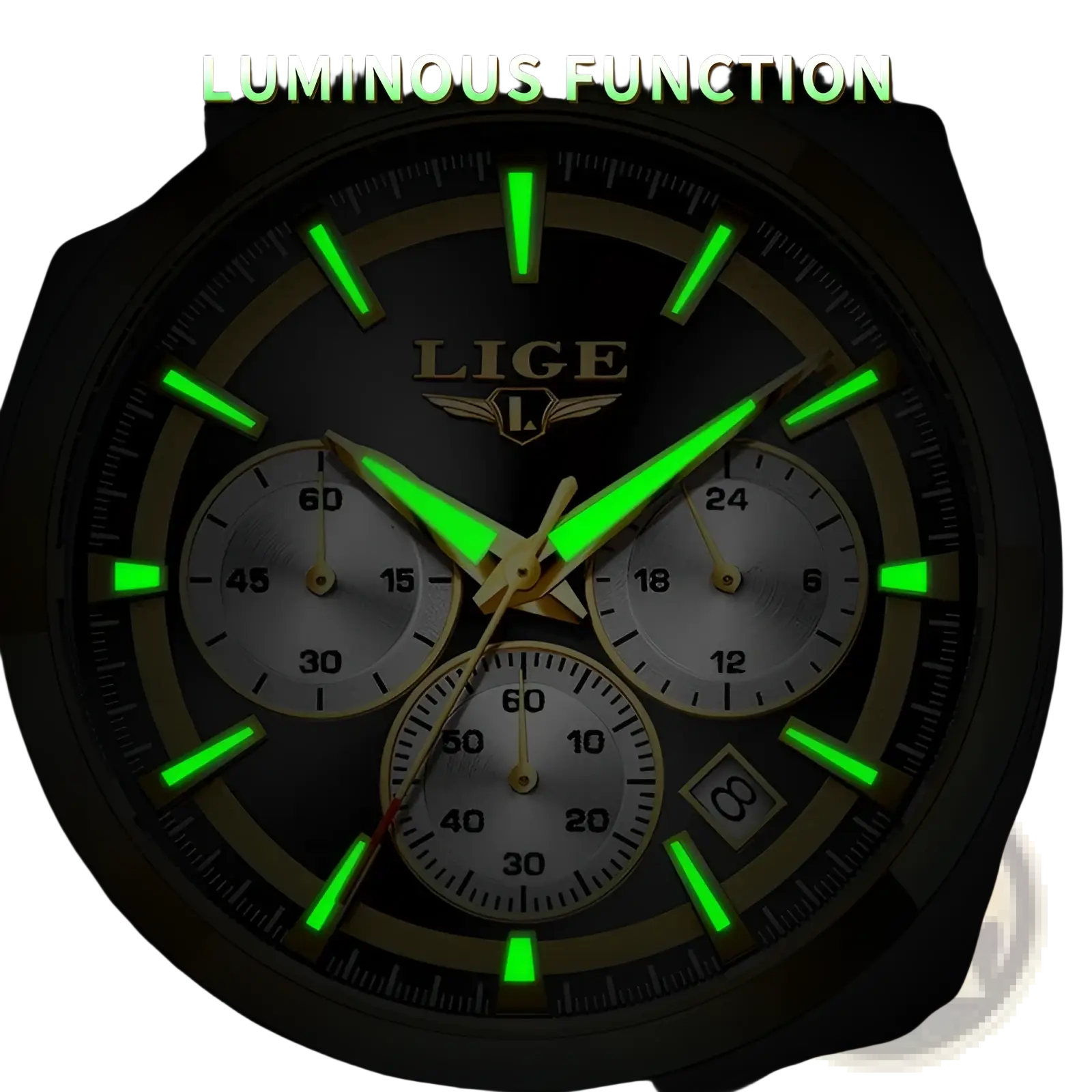 Lige men’s gold chronograph watch with luminescent green-lit hands black dial and gold-tone bezel and subdials