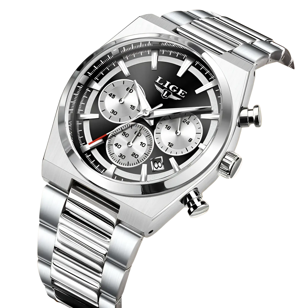 Lige men’s gold chronograph watch with silver case black dial three subdials and stainless steel link bracelet