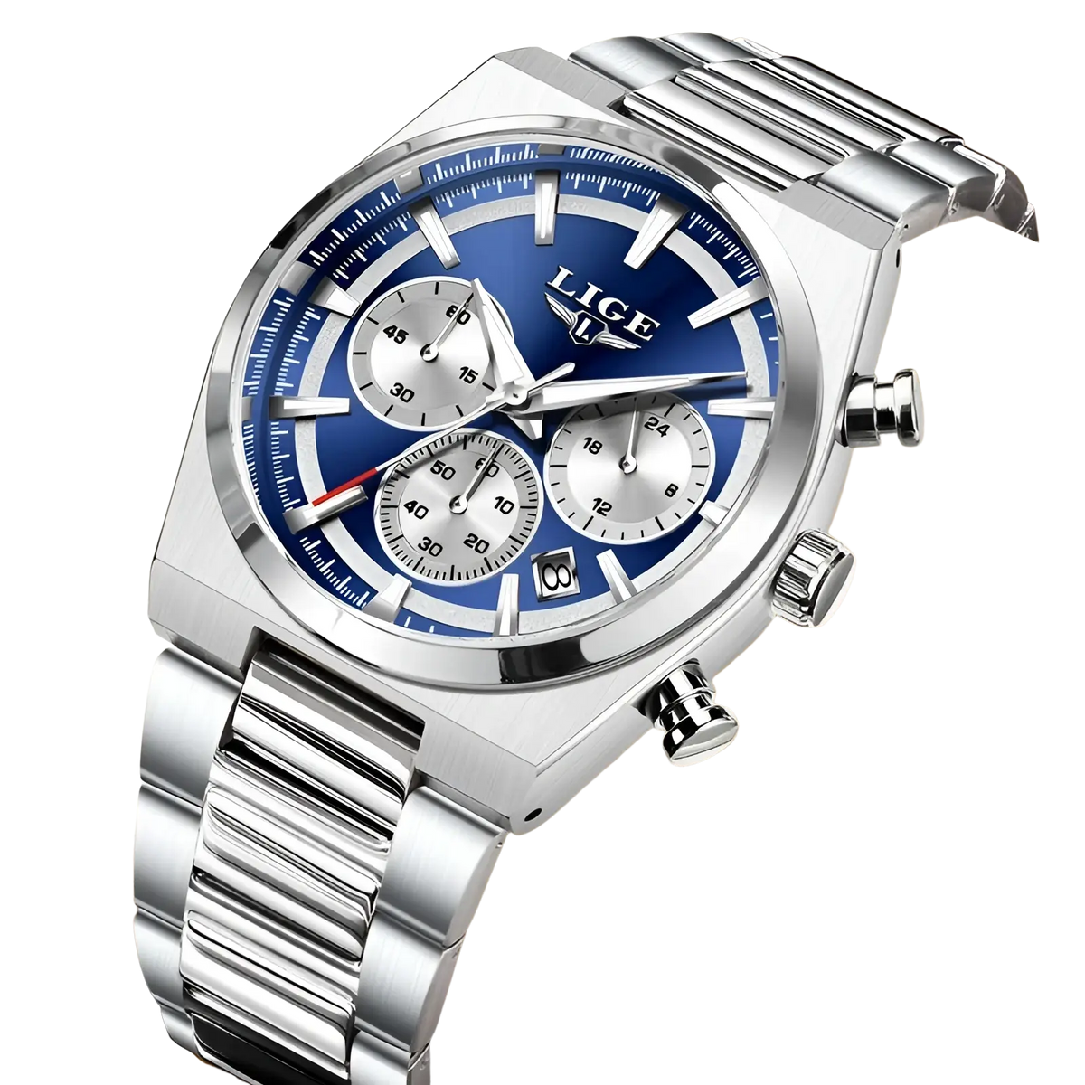 Lige men’s gold chronograph watch with a silver case, blue dial, three subdials, and stainless steel bracelet