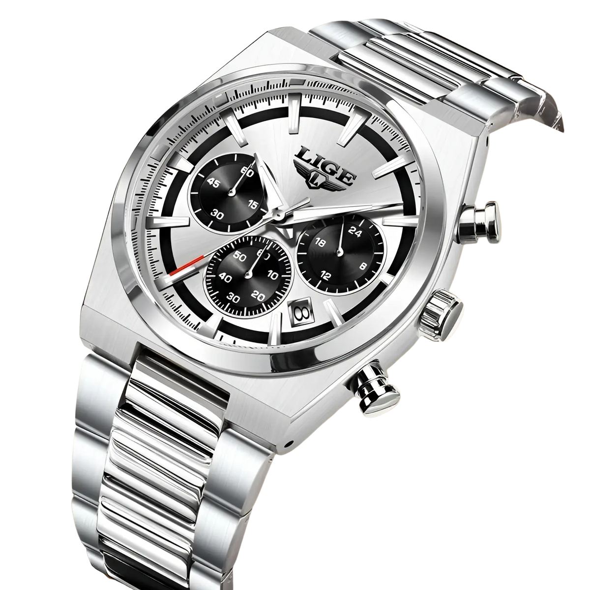 Lige men’s gold chronograph watch with a silver stainless steel bracelet and black dial featuring three subdials
