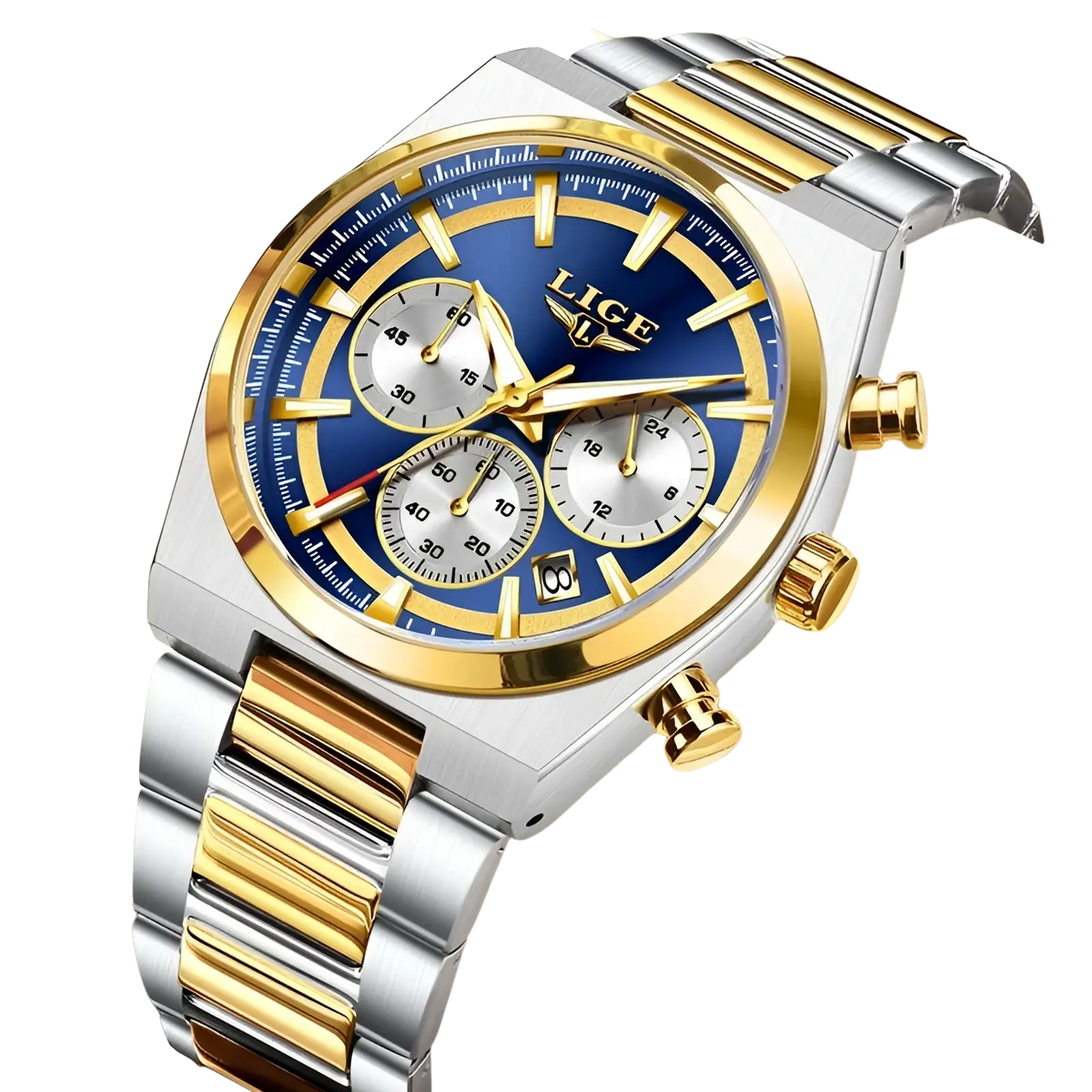 A lige men’s gold chronograph watch with a vibrant blue dial gold accents and silver stainless steel bracelet