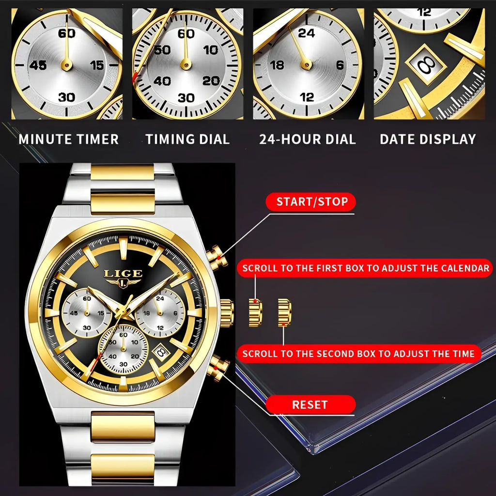 A lige men’s gold chronograph watch with two-tone stainless steel case and black dial featuring multiple subdials