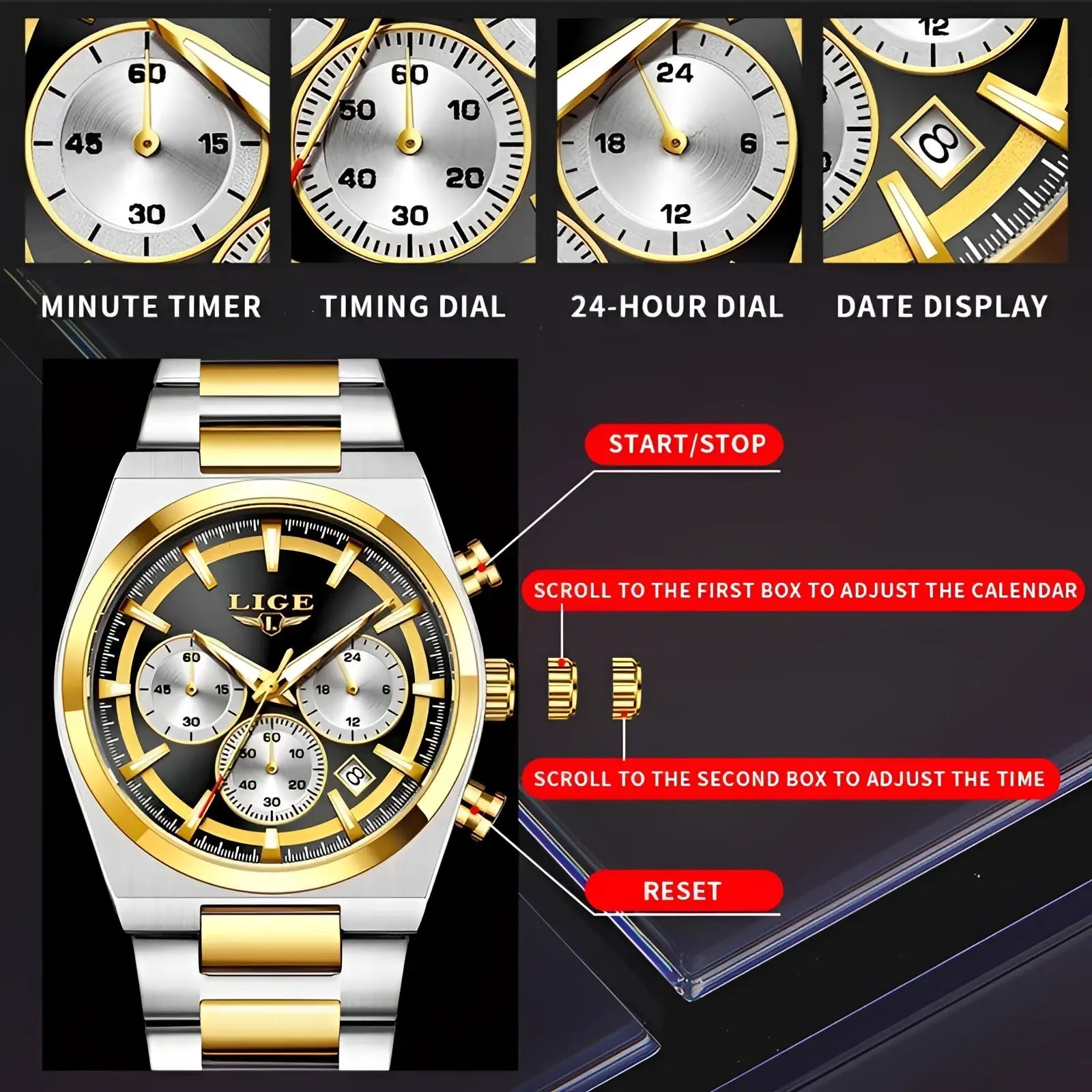 A lige men’s gold chronograph watch with two-tone stainless steel case and black dial featuring multiple subdials